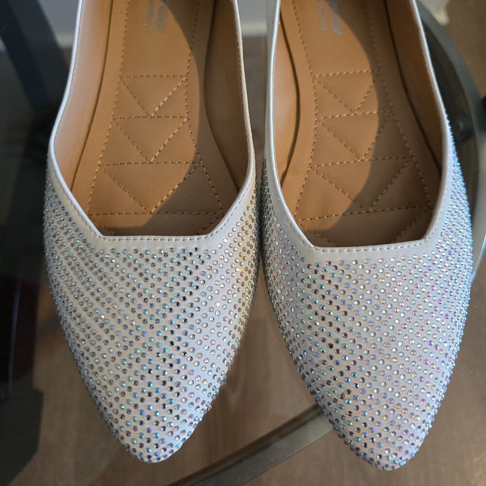White Sequin Gems Slip On Flats